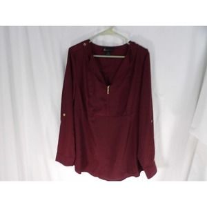 Lane Bryant Womens Wine Long Roll Tab Sleeve Collarless Tunic Top Size 14/16